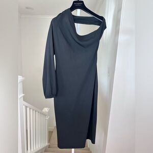 Rodejber One Shoulder Crepe Black Midi Dress Size Medium NWOT